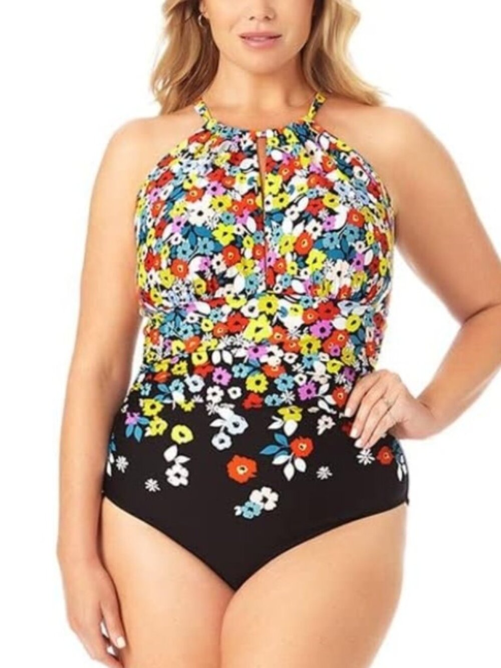 Anne Cole Flower Field Keyhole High Neck Swimsuit Multicolor Swim Beach 18W NWT